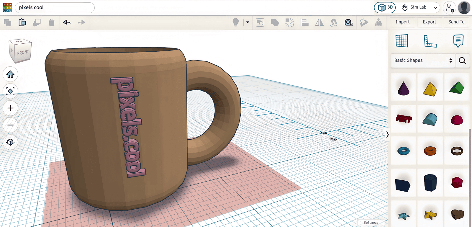 A 3D model of a brown mug with “pixels.cool” text, shown in a CAD design software interface.