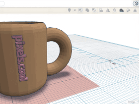 A 3D model of a brown mug with “pixels.cool” text, shown in a CAD design software interface.