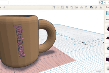 A 3D model of a brown mug with “pixels.cool” text, shown in a CAD design software interface.