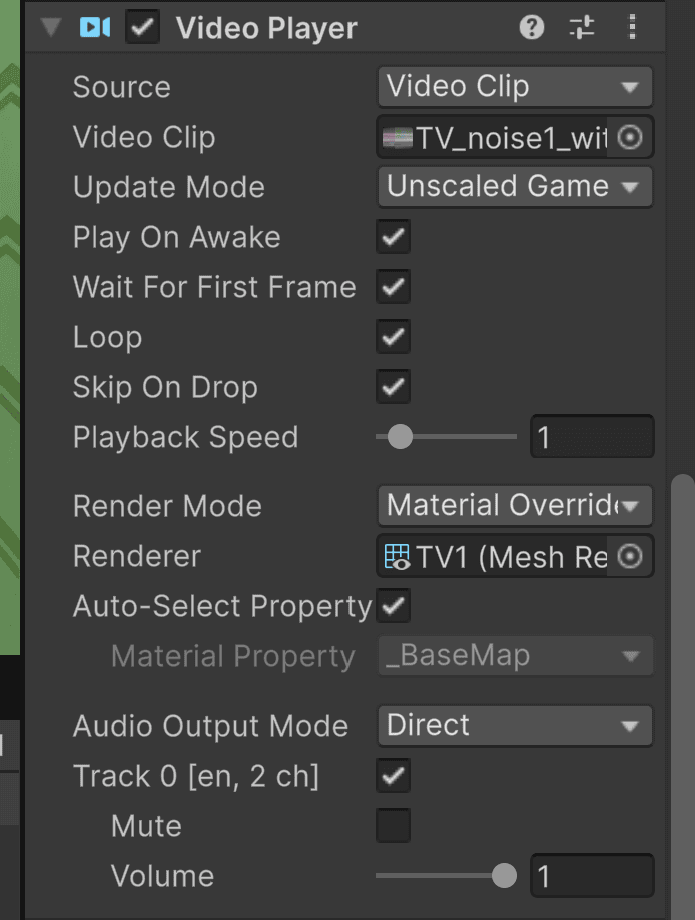 Video Player component settings panel in the Unity Inspector.