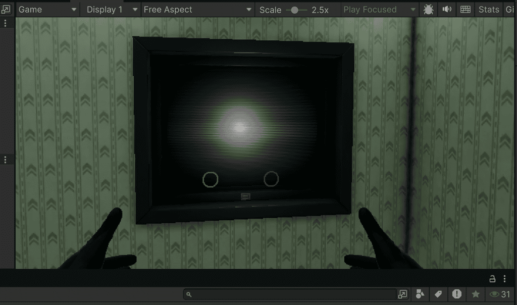 A view from a video game showing a dark television screen with two small colored circles on a patterned yellow wall.