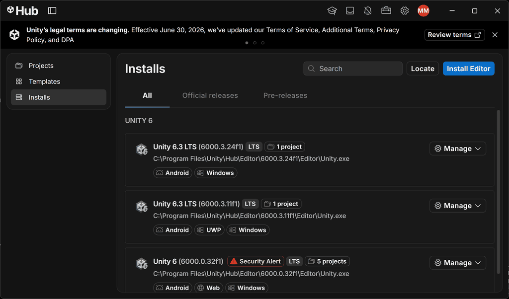 Unity 6.3 LTS (6000.3.24f1) installed. 2 versions: one for 1 project, one for 5 projects with a Security Alert. Both on Windows.