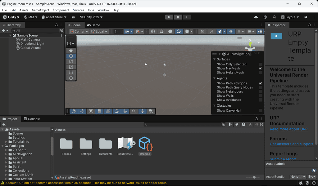 Unity editor window open with a 3D scene, project assets, and navigation options visible.