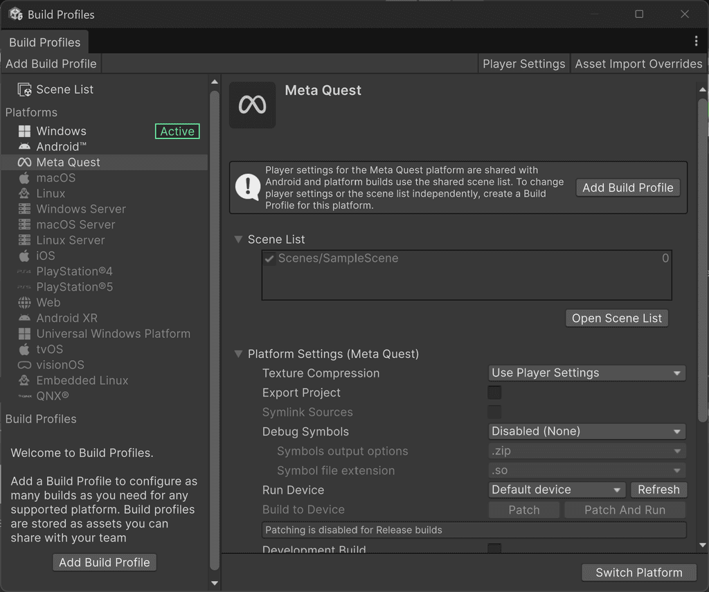 Player settings for Meta Quest are shared with Android. Use a Build Profile for platform-specific settings.
