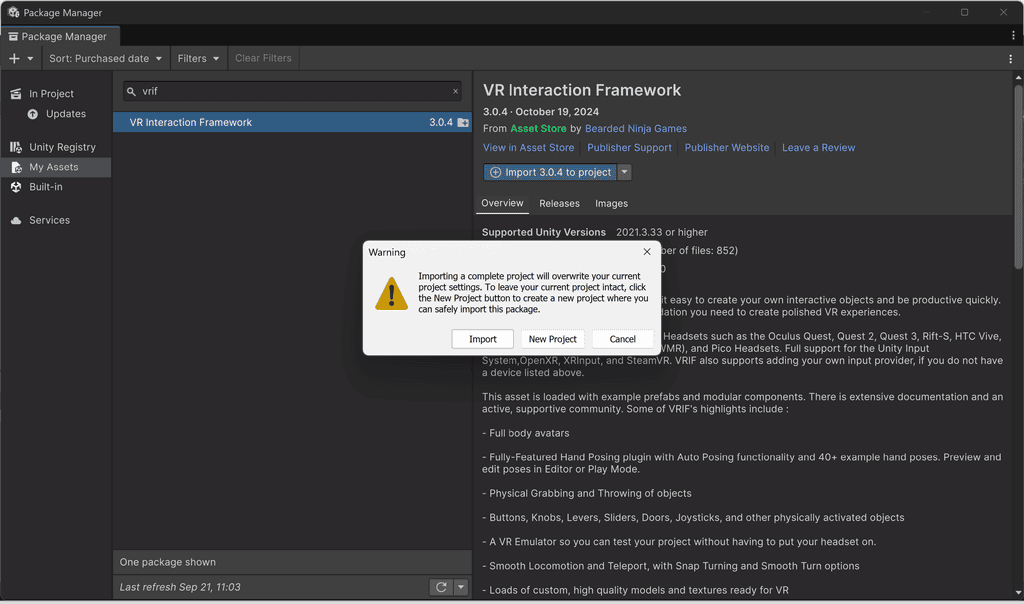 A warning dialog in Unity prompts to import, skip, or cancel importing a complete project from the Asset Store.