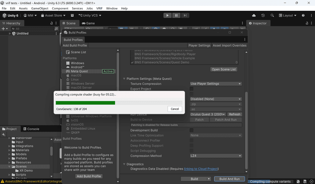 Unity Editor exporting a project; a progress bar shows “Compiling compute shader (busy for 65.2s...)” at 42%.