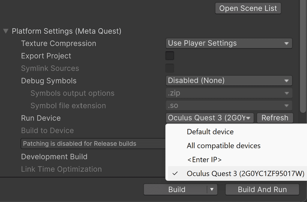 A dropdown menu shows Oculus Quest 3 selected as the run device in a Unity platform settings window.