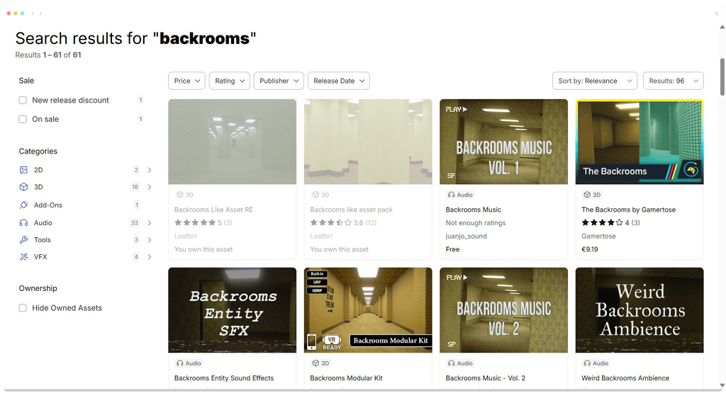 A website search results page showing digital assets for “backrooms” with product titles, ratings, and pricing.