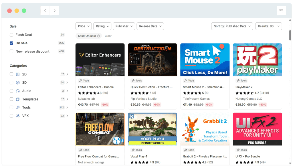 A grid of digital tools and asset bundles for sale is displayed on an online marketplace, with filters on the left.