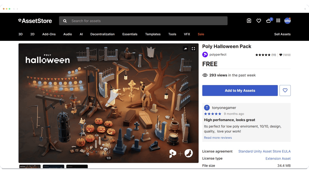 3D Halloween-themed asset pack on Unity Asset Store with pumpkins, graves, spooky decor, and medieval props.