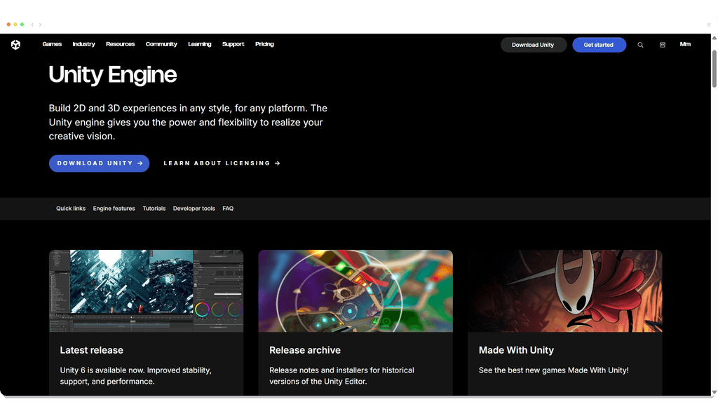 Unity Engine homepage showing download options, feature highlights, and navigation menu at the top of the page.