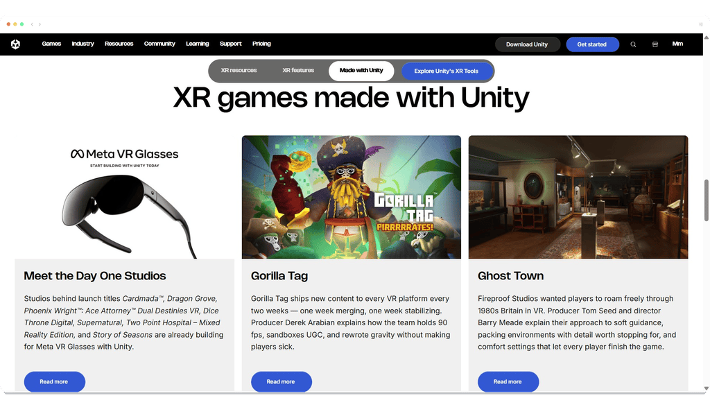 A webpage showcases XR games made with Unity, featuring Meta VR glasses and descriptions of three VR projects.