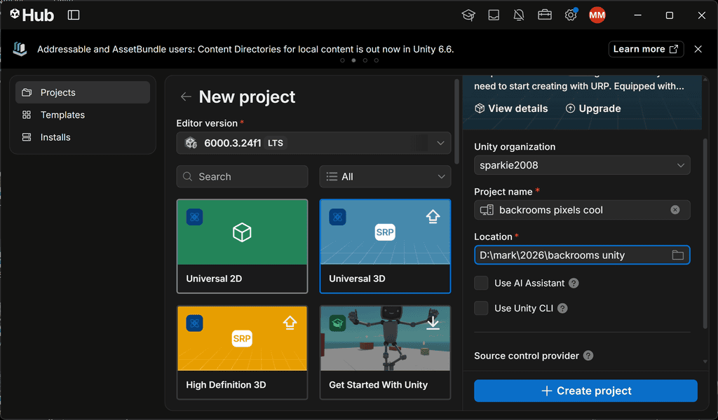 Unity Hub interface showing the “New project” menu with options for project templates, name, and file location.