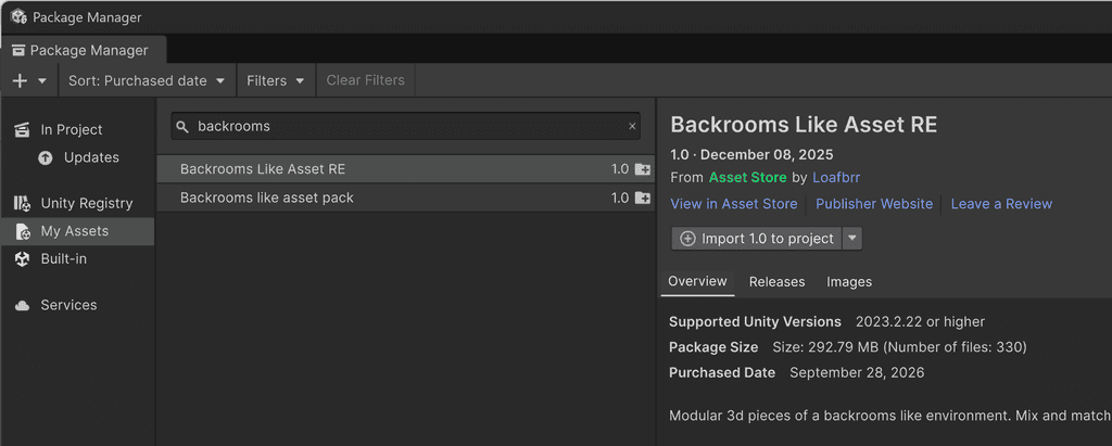 Unity Package Manager window showing the “Backrooms Like Asset RE” asset selected.