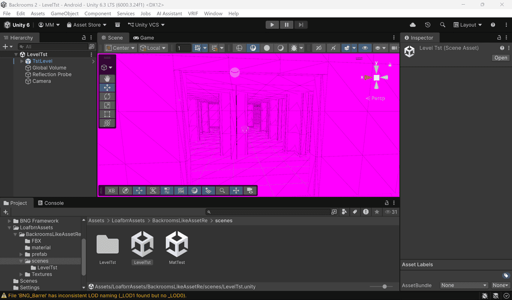 Unity game engine interface showing a bright pink missing texture error in the Scene view.