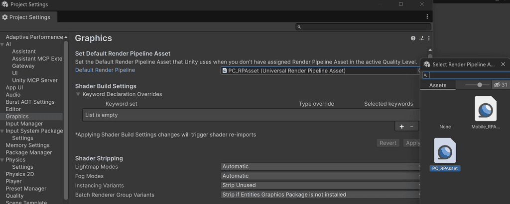 Unity Project Settings window showing the Graphics tab with the PC_RPAsset selected for the Default Render Pipeline.