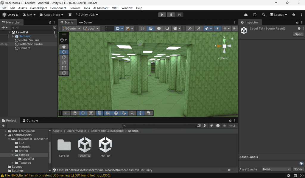 Unity game engine interface displaying a scene of a yellow, empty room with pillars.