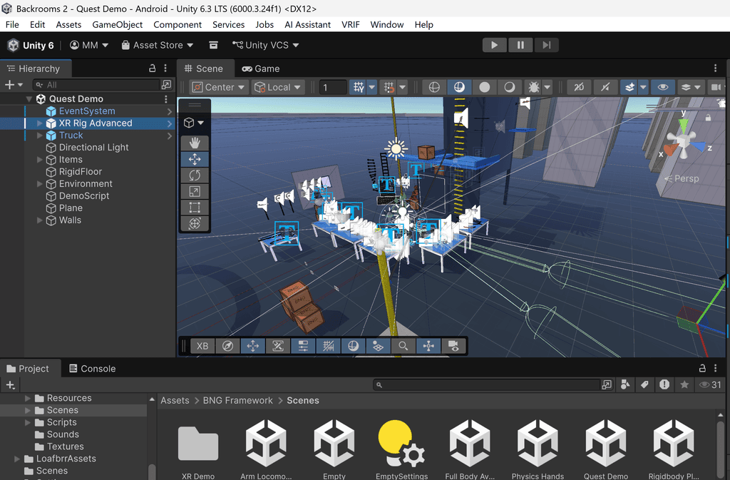 The Unity editor interface showing a 3D scene with a truck and various game objects in the Hierarchy and Project panels.