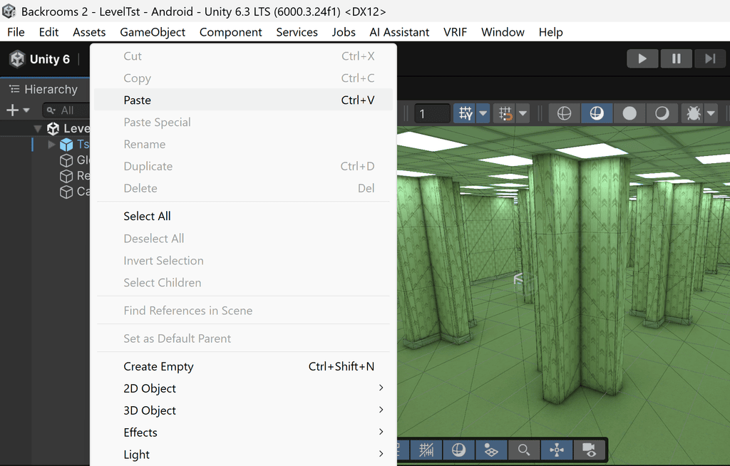 Unity Editor interface showing a right-click context menu over a 3D scene of a room with green patterned walls and pillars.