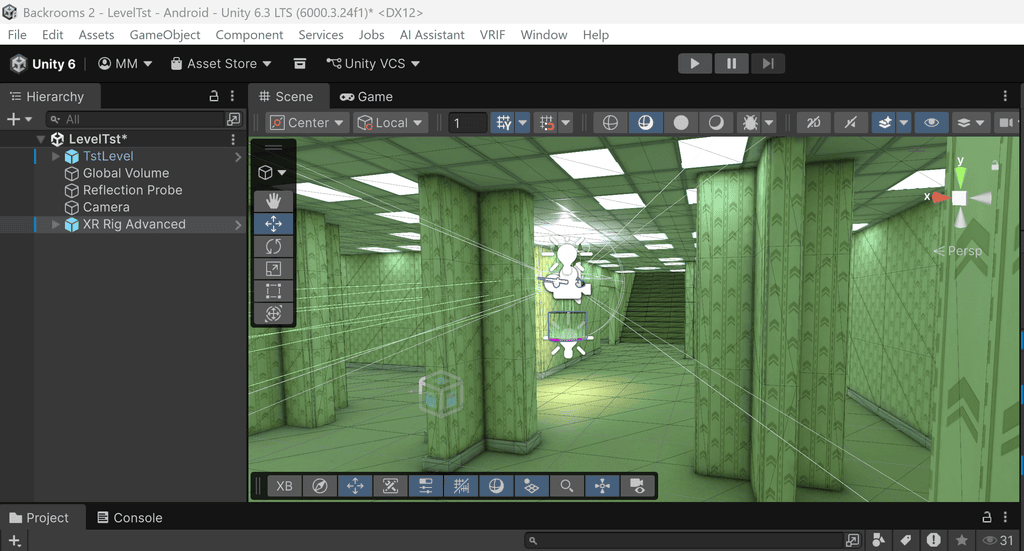Unity editor interface displaying a 3D environment with yellow wallpapered walls and a grid floor.