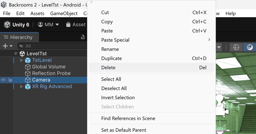 Unity editor interface showing a right-click context menu with the Delete option highlighted.