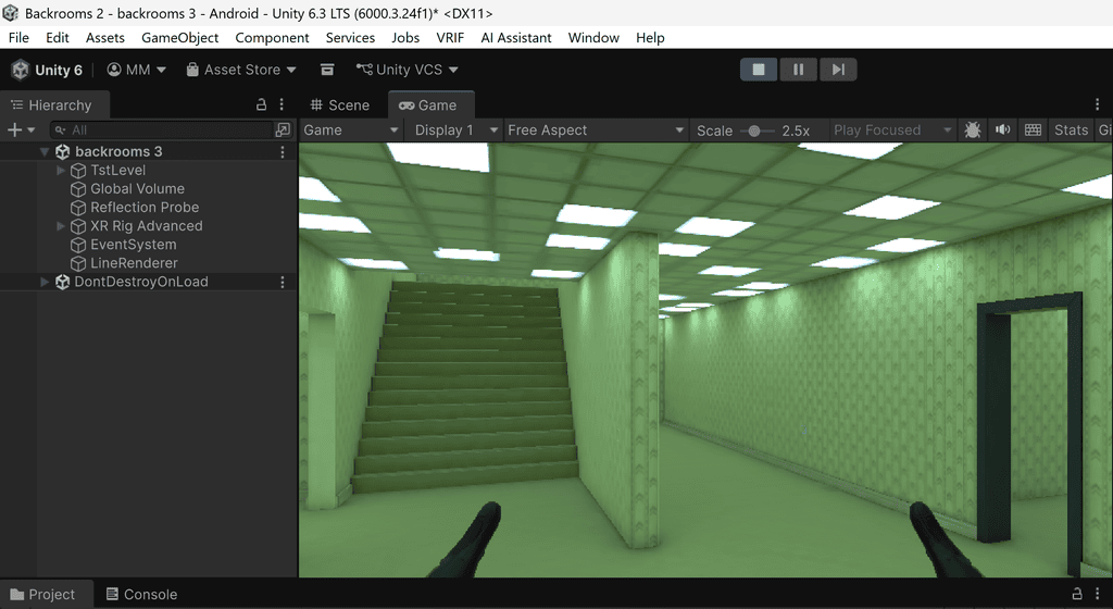 Unity game engine interface showing a 3D scene of a yellow, empty room with stairs and a doorway.