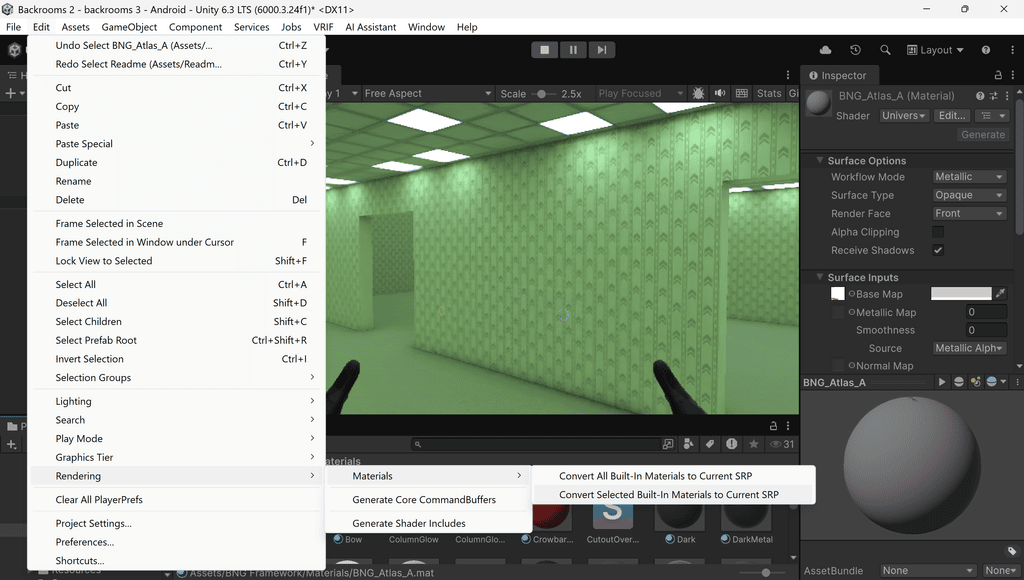 Unity editor interface showing a backrooms game scene and the Rendering menu options.