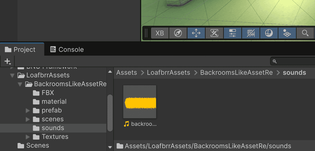 Unity software project window showing a folder hierarchy and a selected audio file.