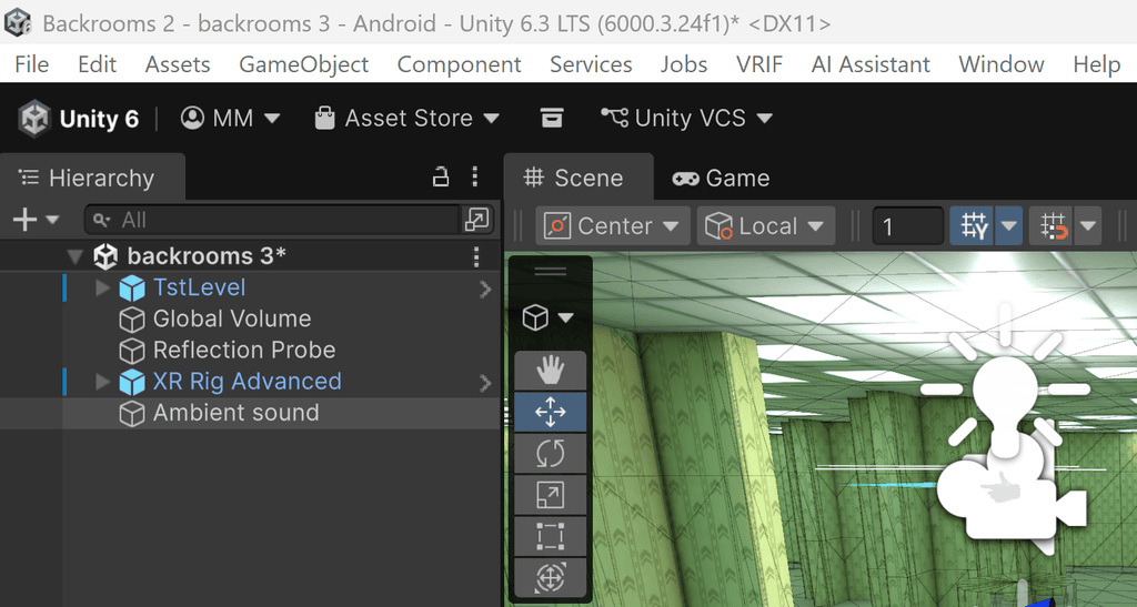 Unity Editor interface showing the scene hierarchy and a 3D view of a yellow-walled environment.
