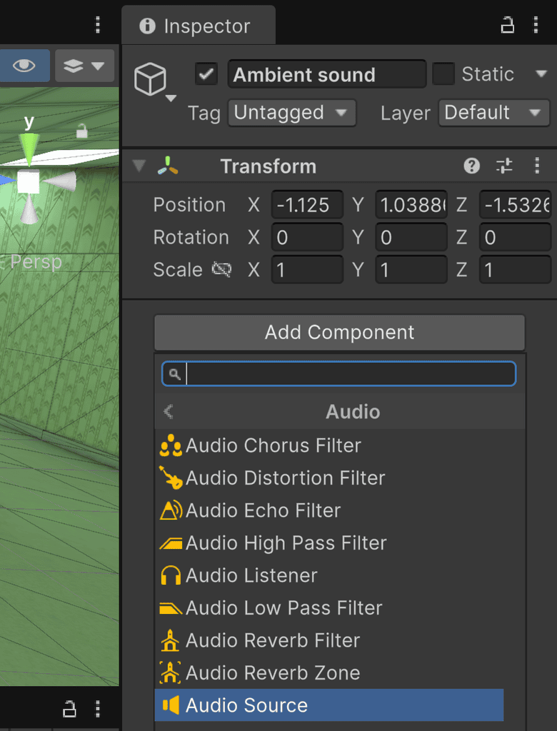 Unity Inspector panel showing the Add Component menu with various audio filters and the Audio Source option selected.