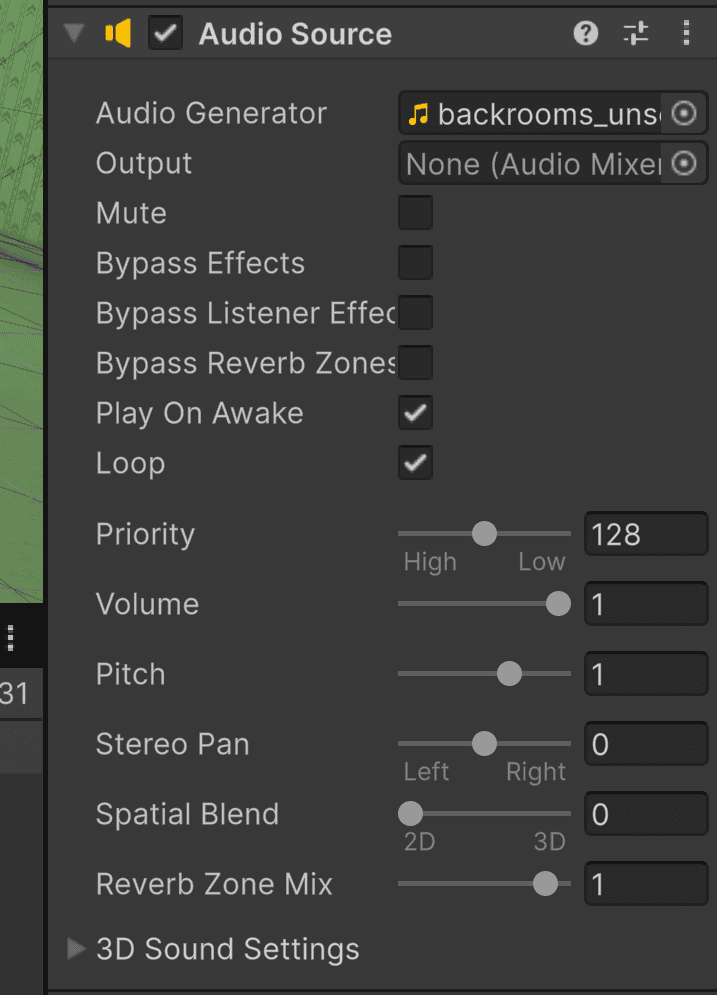 Unity Inspector panel showing Audio Source component settings.