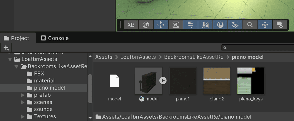Unity editor project window showing a piano model asset folder and its contents.