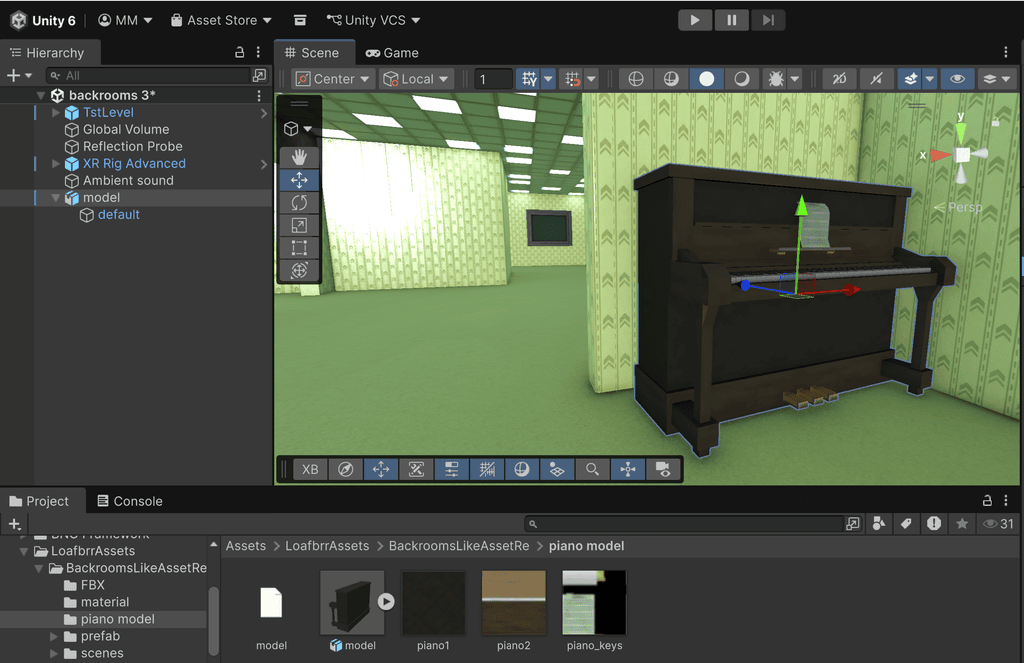 Unity software interface showing a 3D piano model selected in a game scene with yellow, grid-patterned walls.