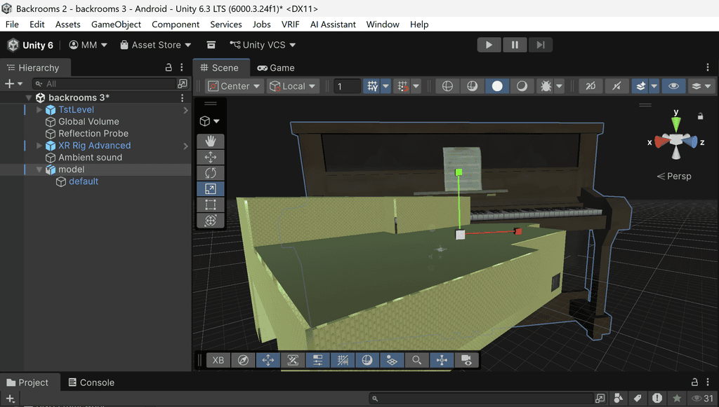 Unity game development interface showing a 3D scene with a grand piano and a selected object.