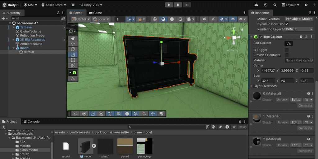 Unity 6 software interface showing a 3D piano model in a room with yellow wallpaper and a box collider component.