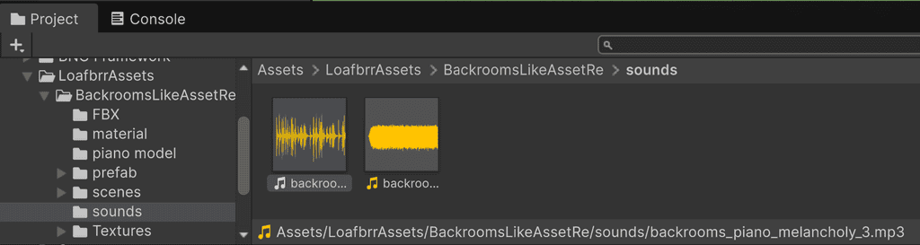 Unity project file browser showing two audio files in the sounds folder.