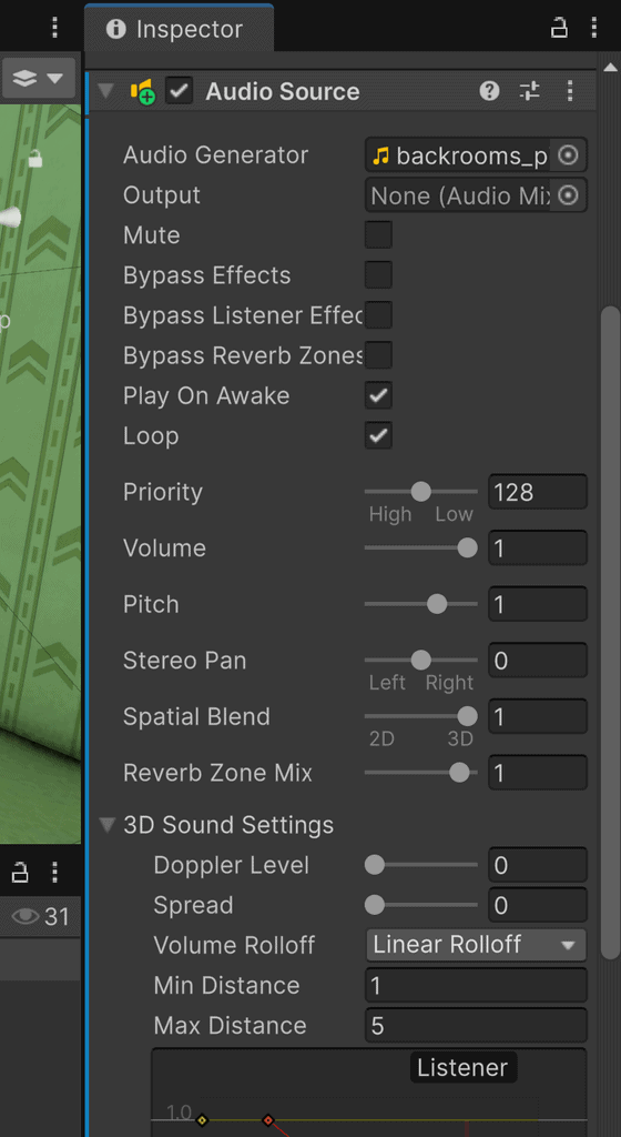 Unity Inspector panel displaying Audio Source component settings.