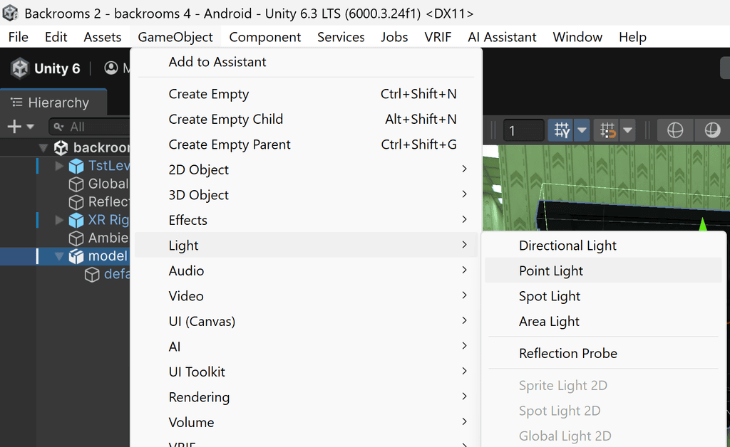Unity game engine interface showing the GameObject dropdown menu with the Light submenu expanded to show light type options.