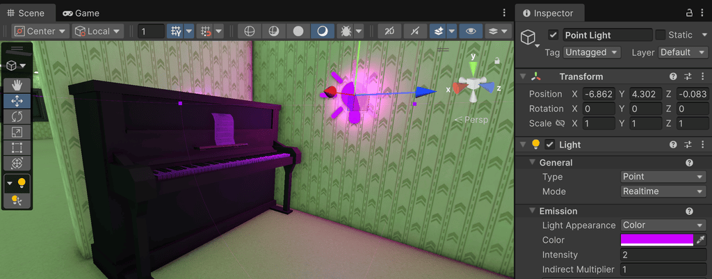 A 3D software interface showing a piano in a room with a pink point light source and an open Inspector panel.