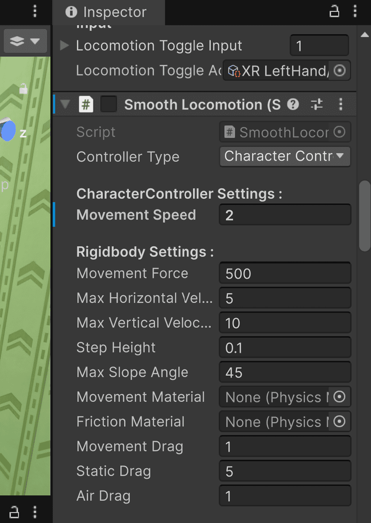 Unity Inspector panel showing Smooth Locomotion component settings including movement speed, physics forces, and drag.