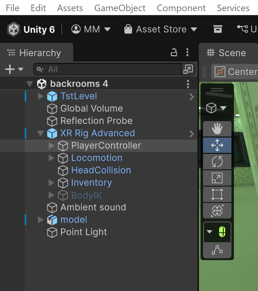 Unity 6 interface showing the Hierarchy window with an XR Rig Advanced object selected.