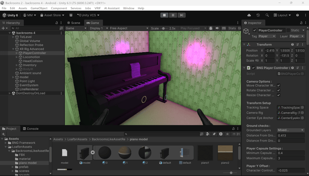 Unity editor interface displaying a game scene with a purple piano in a room with yellow walls.