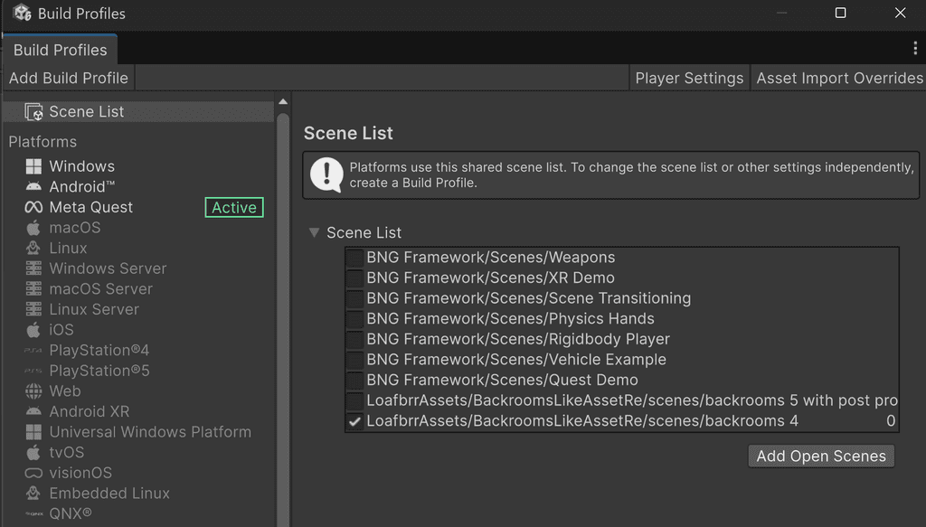Unity Build Profiles window showing the Scene List with various scenes selected for a Meta Quest build.