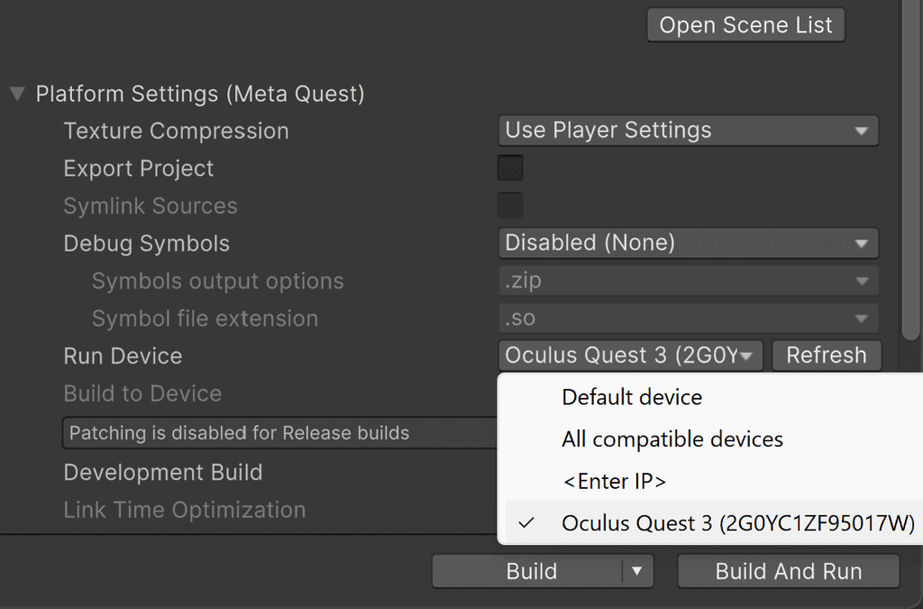 Platform settings menu in Unity showing a dropdown for Meta Quest device selection.