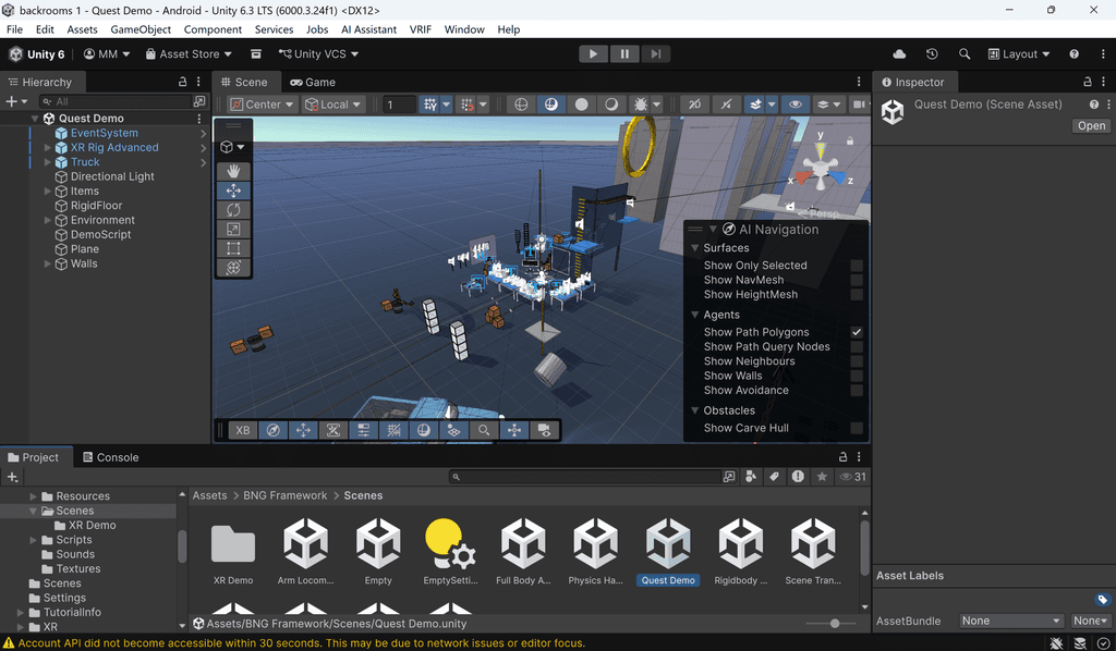 Unity editor window showing a 3D game scene with navigation and asset options visible on screen.