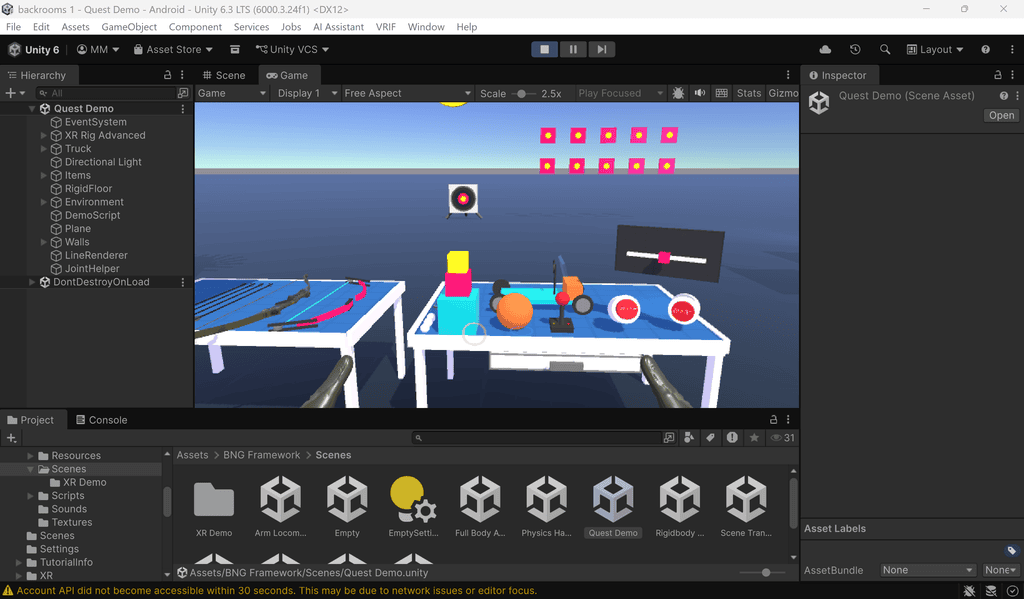Unity editor showing a 3D game scene with tables, objects, and UI elements, plus asset icons along the bottom.