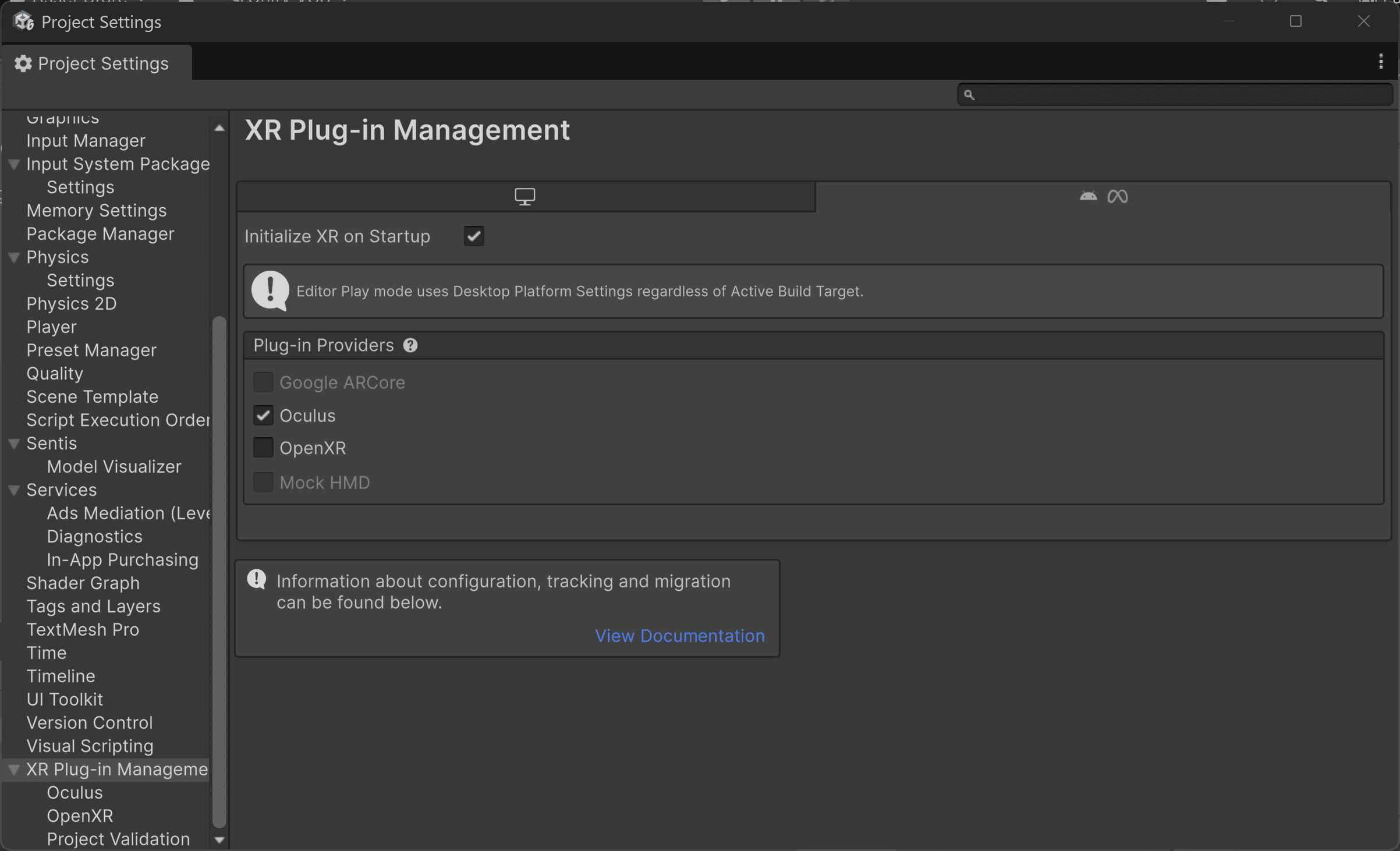 Unity XR Plug-in Management settings window showing provider options and documentation link.