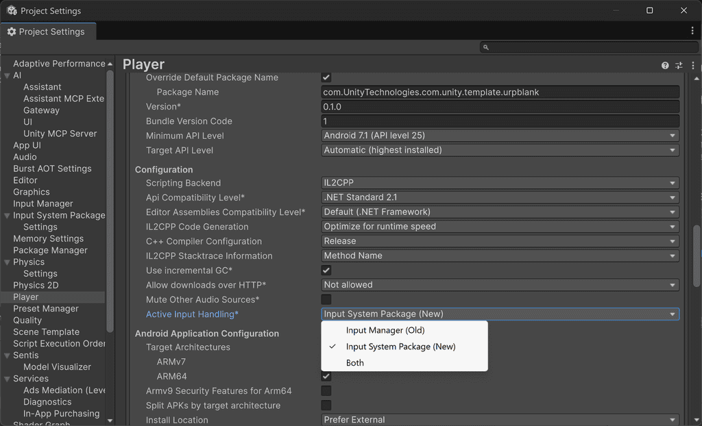 Unity Project Settings window displaying Player configuration with the Active Input Handling dropdown menu open.