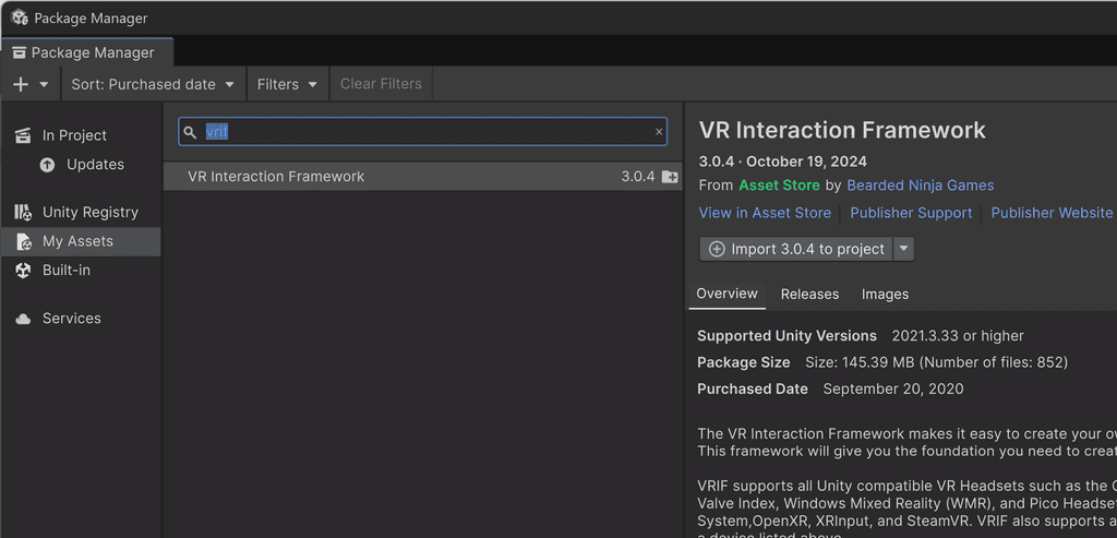 Unity Package Manager window showing the VR Interaction Framework asset details and import button.