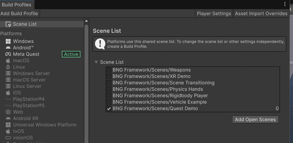 Unity build settings window showing a list of platforms and a selected scene in the scene list.